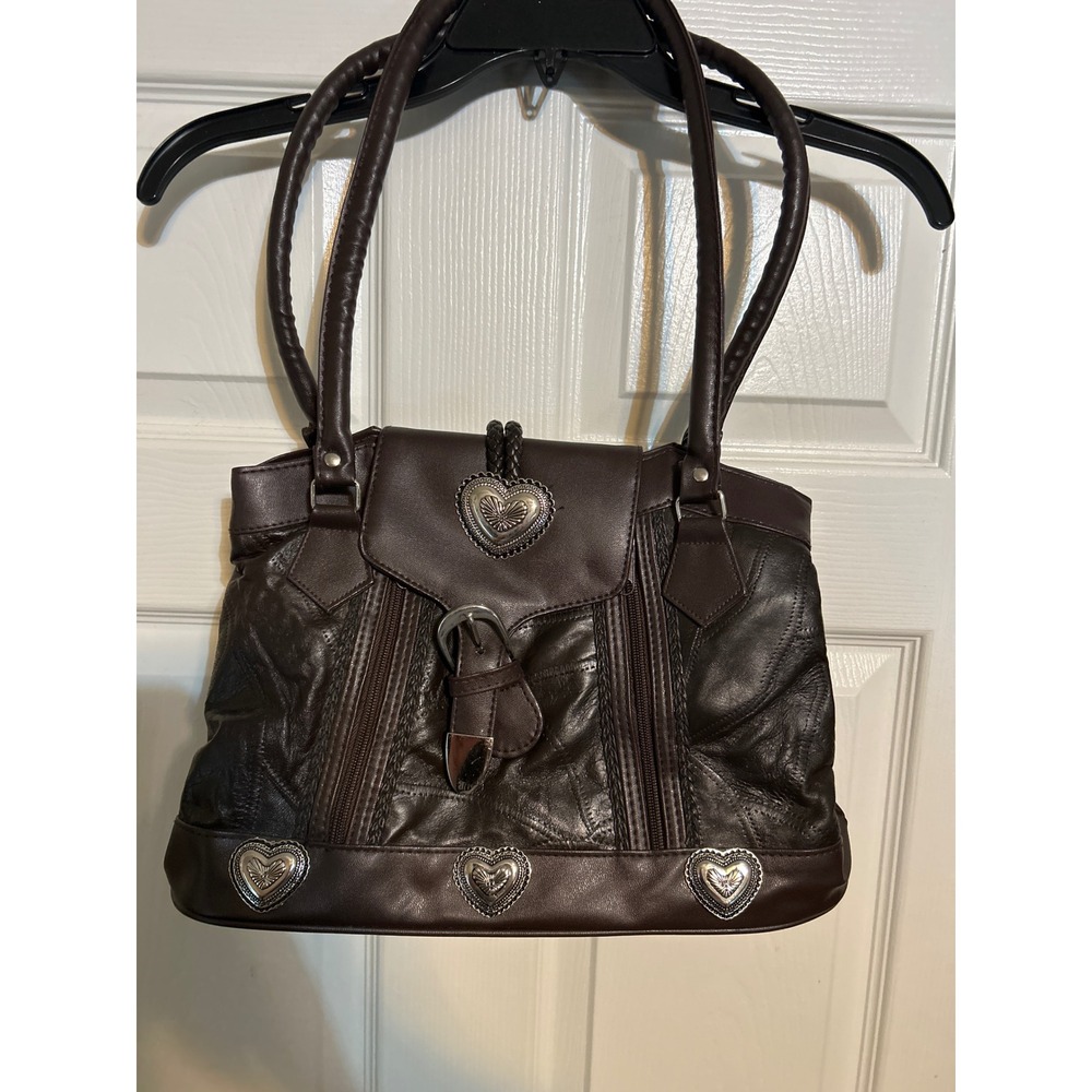 Vintage Brown Patchwork Leather Shoulder Bag & Wallet Set Heart Concho Western